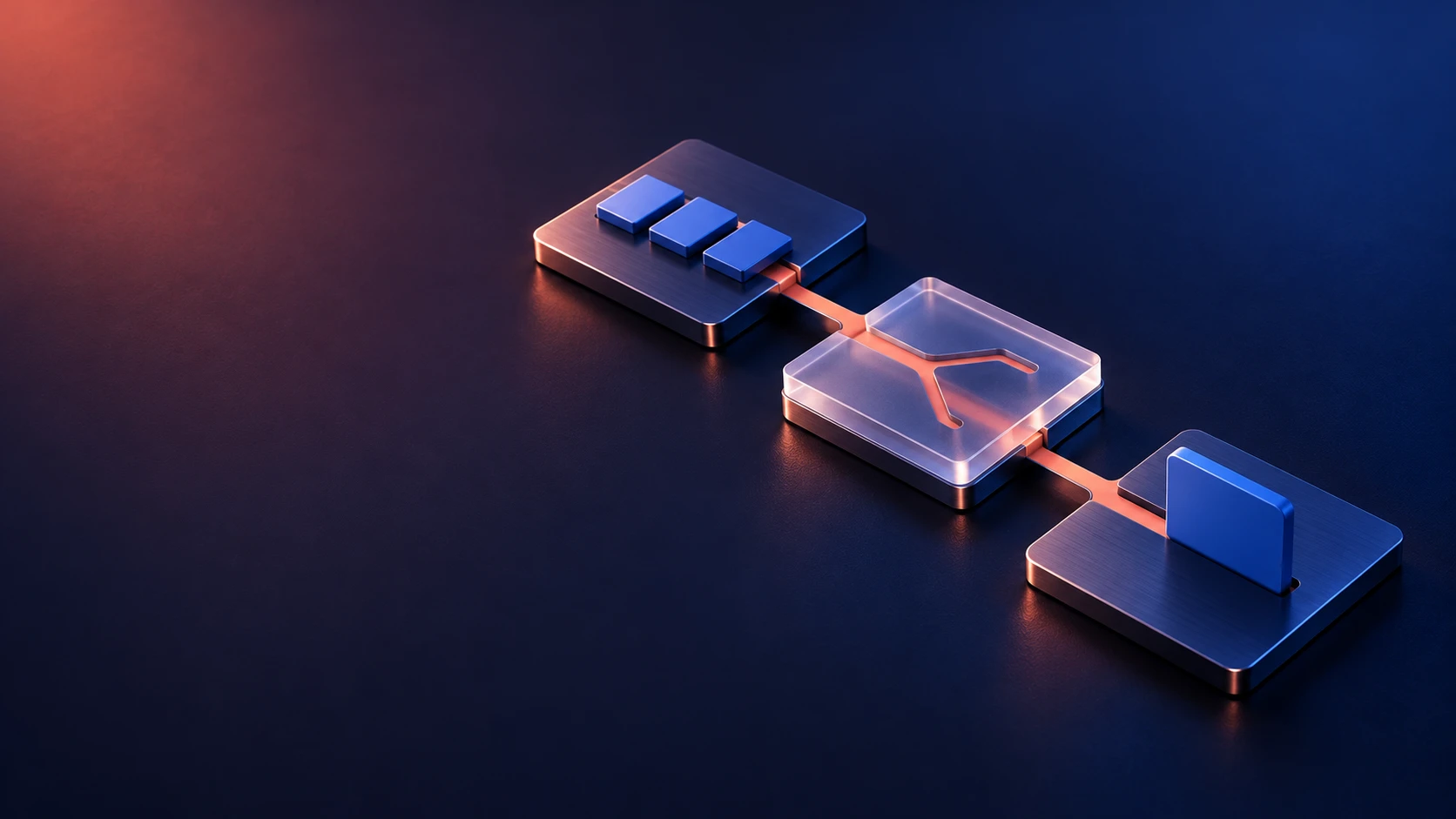 Three blue marketing modules joined by one clear peach connection