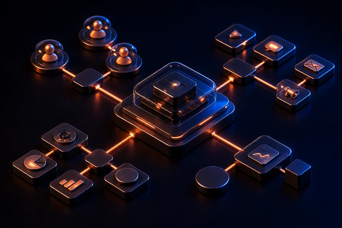 A connected marketing system bringing business, customer, channel and measurement modules together