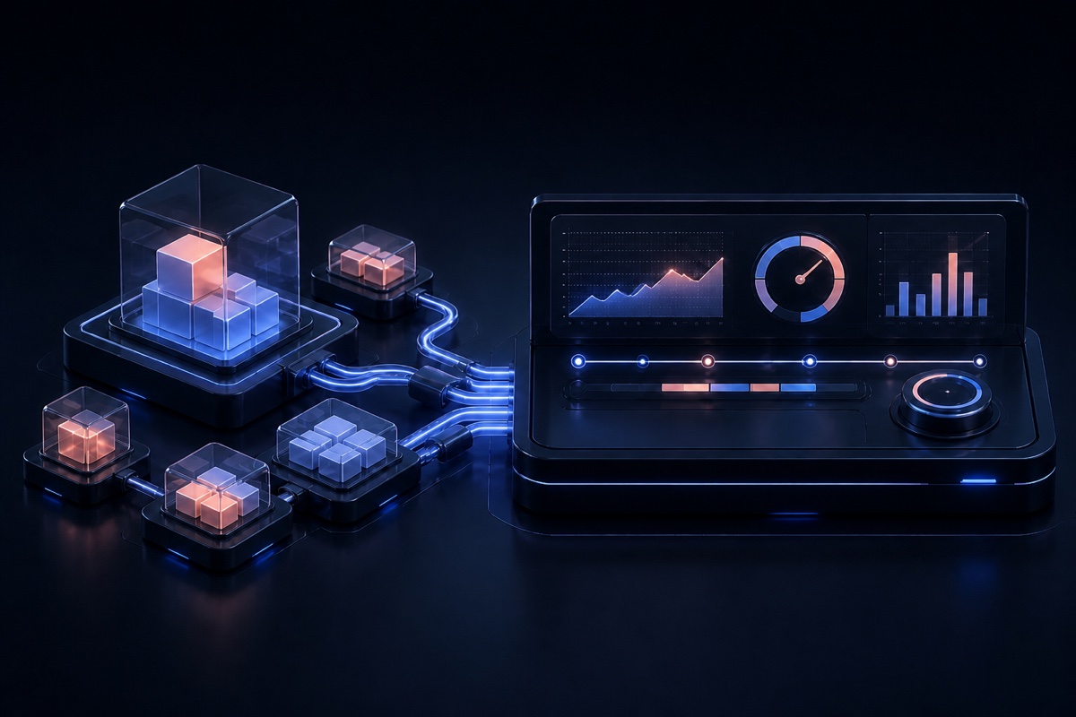 Budget modules feeding into a connected performance measurement dashboard