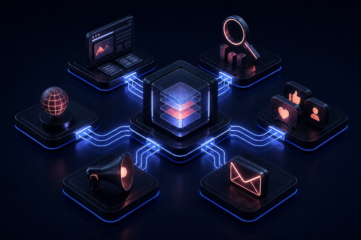 A central content system connected to website, search, social, email and campaign channels